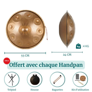 Handpan Mantra Doré 10 Notes - Gamme Ré Mineur Kurd (440 Hz)
