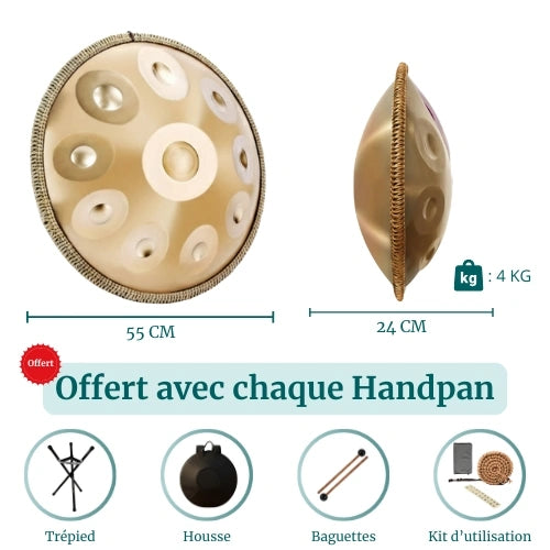 Handpan Doré 10 Notes - Gamme Ré Mineur Kurd (440 Hz)