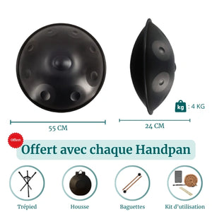 Handpan Noir 9 Notes - Gamme Ré Mineur Kurd (440 Hz)