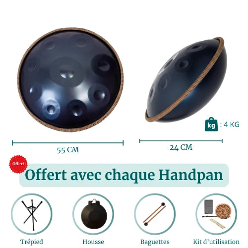 Handpan Bleu Marine 9 Notes - Gamme Ré Mineur Kurd (440 Hz)