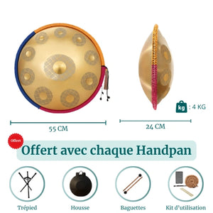 Handpan Or 10 Notes - Gamme Ré Mineur Kurd (440 Hz)