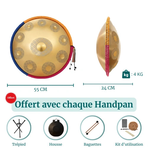 Handpan Or 10 Notes - Gamme Ré Mineur Kurd (440 Hz)