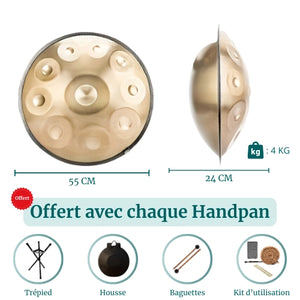 Handpan Doré 10 Notes - Gamme Ré Mineur Kurd (440 Hz)