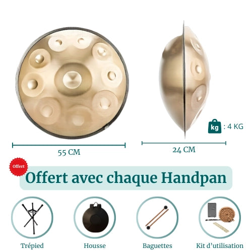 Handpan Doré 10 Notes - Gamme Ré Mineur Kurd (440 Hz)