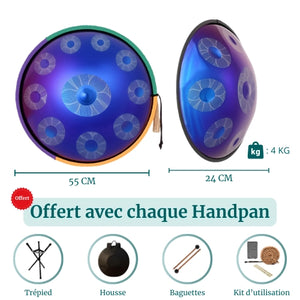 Handpan Bleu 10 Notes - Gamme Ré Mineur Kurd (440 Hz)