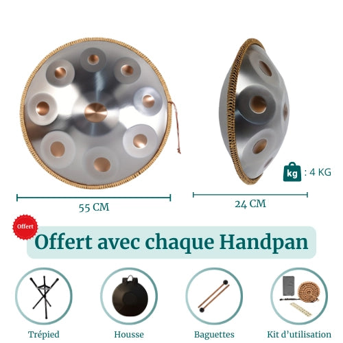 Handpan Argent 9 Notes - Gamme Ré Mineur Kurd (440 Hz)