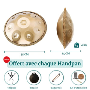 Handpan Doré 9 Notes - Gamme Ré Mineur Kurd (440 Hz)